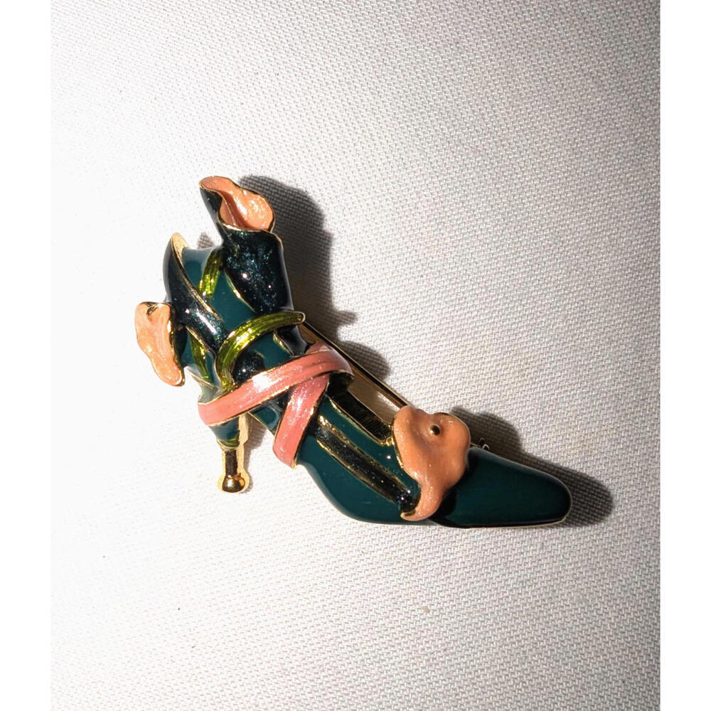 Vintage KJL Calla Lily Heel Brooch Pin Kenneth Jay Lane Shoe Pink Green 1.75”